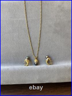 18k Gold Black Pearl Earrings With Matching Black Pearl Pendant With Diamonds