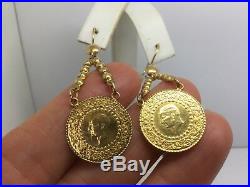 18k Gold Coins Set In 14k Yellow Gold Handcrafted Drop Earrings