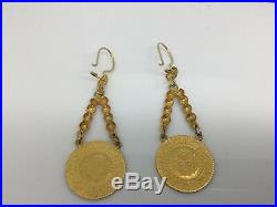 18k Gold Coins Set In 14k Yellow Gold Handcrafted Drop Earrings