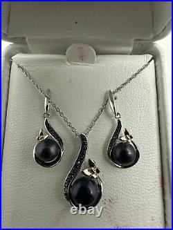 18k Gold Over Silver Black Freshwater Cultured Pearl Pendant & Earring Set