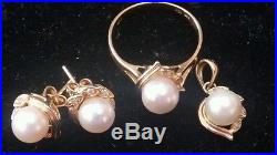 18k Gold Pearl Ring, Pendant, Earring set with diamonds
