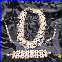 18k Gold Plated Jester Inspired Pink/Cream Pearl Necklace Earring Bracelet Set