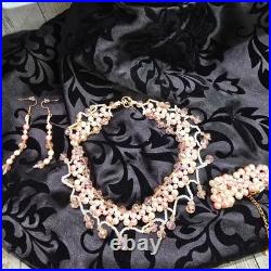 18k Gold Plated Jester Inspired Pink/Cream Pearl Necklace Earring Bracelet Set