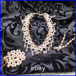 18k Gold Plated Jester Inspired Pink/Cream Pearl Necklace Earring Bracelet Set