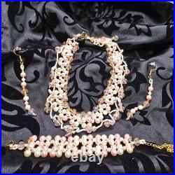 18k Gold Plated Jester Inspired Pink/Cream Pearl Necklace Earring Bracelet Set