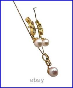 18k Solid Yellow Gold 0.30 Ct Natural Diamond & Pearl Necklace and Earrings Set