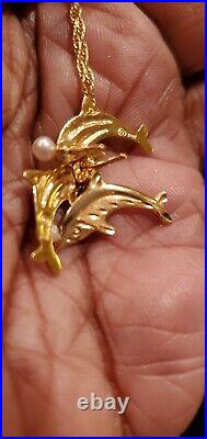 18k Solid Yellow Gold Dolphin Pearl Earrings and Pendant Set 6 grams See Video