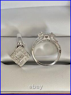 18k White Gold 1.50CT Princess Invisible Baguette Round Diamond Ring Pendant SET