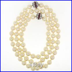 18k White Gold 9-9.50mm Akoya Pearl 6.44ctw Diamond & Ruby Necklace Bracelet Set