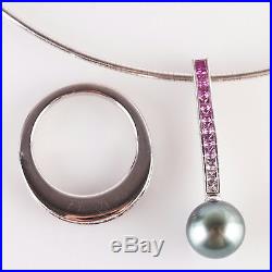 18k White Gold Graduated Color Sapphire & Pearl Necklace / Ring Set 2.43ctw