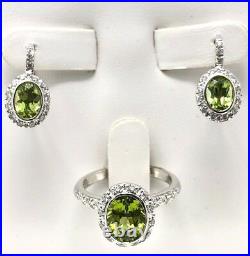 18k White Gold Natural Diamond & Peridot Drop Earrings & Ring Size 7 Jewelry Set