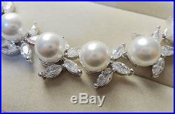 18k White Gold Pearl Crystal Leaf Necklace Earrings jewelry Set Bridal Wedding