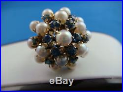 18k Yellow Gold Big Vintage Pearls And Sapphires Ladies High Set Ring 9.1 Grams