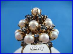 18k Yellow Gold Big Vintage Pearls And Sapphires Ladies High Set Ring 9.1 Grams