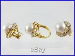 18k Yellow Gold Diamond Faux Pearl Earring 14k Ring Sz 6.5 Set