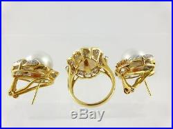 18k Yellow Gold Diamond Faux Pearl Earring 14k Ring Sz 6.5 Set