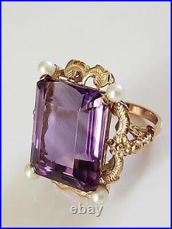 18k Yellow Gold Engraved Setting Amethyst & Pearl Ring