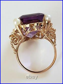 18k Yellow Gold Engraved Setting Amethyst & Pearl Ring