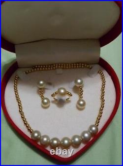 18k Yellow Gold Pearl Necklace, Ring And Earring Set