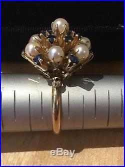 18k Yellow Gold Pearls And Sapphires Ladies High Set Ring 6.33 Grams, Sz 6.5