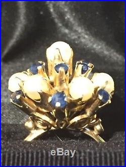 18k Yellow Gold Pearls And Sapphires Ladies High Set Ring 6.33 Grams, Sz 6.5