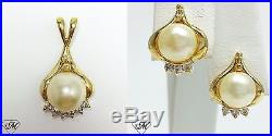 18k Yellow Gold Vintage PEARL DIAMOND PENDANT EARRINGS 0.12 CT Jewelry Set
