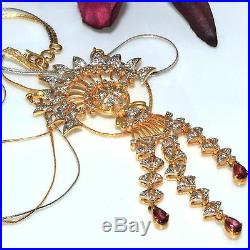 18k Yellow Gold natural Pink Tourmaline & Diamond 3 drop Necklace Chain set 4.10