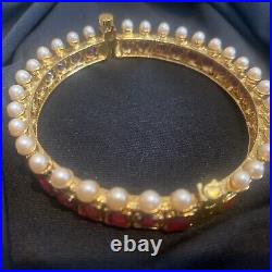 18k on4k Yellow Gold Set 2 SlipOn Bracelet Bangle Real Stackable Ruby Pearl