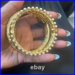 18k on4k Yellow Gold Set 2 SlipOn Bracelet Bangle Real Stackable Ruby Pearl