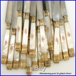 18pc Antique French Sterling Silver 18K 22K Gold Vermeil & Pearl Knife Set