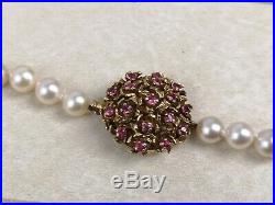 19 1/2 Cultured Pearl Necklace with Ruby Set and 9K Carat Gold Clasp