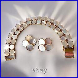 1960s MOD Chic Mother of Pearl Disc Bracelet & Earrings Set EUC