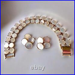 1960s MOD Chic Mother of Pearl Disc Bracelet & Earrings Set EUC