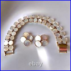 1960s MOD Chic Mother of Pearl Disc Bracelet & Earrings Set EUC