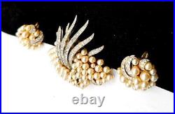 1960s TRIFARI Faux Pearl & Rhinestone Under the Sea Brooch & Earrings Set