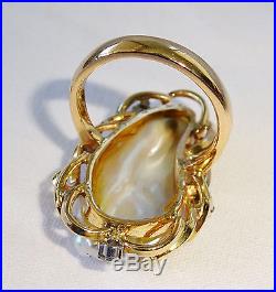 1970s 14K Yellow Gold Ring Sz 7.75 set w. Huge Baroque Pearl & 3x Diamonds (Ree)