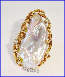 1970s 14K Yellow Gold Ring Sz 7.75 set w. Huge Baroque Pearl & 3x Diamonds (Ree)
