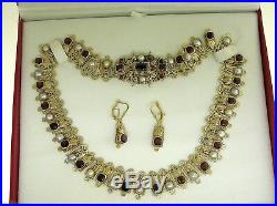 19th C. Austrio-hungarian Gilded Silver Necklace & Earrings Set Garnets & Pearls