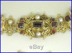 19th C. Austrio-hungarian Gilded Silver Necklace & Earrings Set Garnets & Pearls