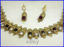 19th C. Austrio-hungarian Gilded Silver Necklace & Earrings Set Garnets & Pearls