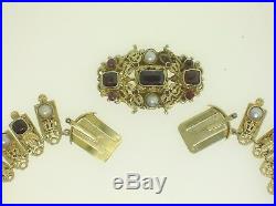 19th C. Austrio-hungarian Gilded Silver Necklace & Earrings Set Garnets & Pearls