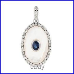 2.150ct Mother Of Pearl Bezel Set Blue Sapphire Oval Pendant In 18k White Gold