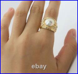 $2,250 14K Yellow Gold Mabe Pearl Round Bezel Set Diamond Rope Ring Band Size 8