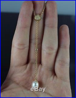 $2,250 18k Yellow Gold Round Diamond Bezel Set 8mm Cultured Pearl Chain Necklace