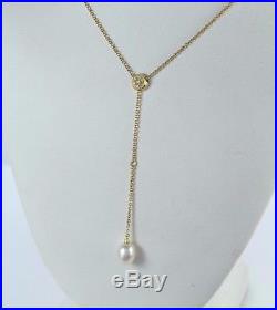 $2,250 18k Yellow Gold Round Diamond Bezel Set 8mm Cultured Pearl Chain Necklace