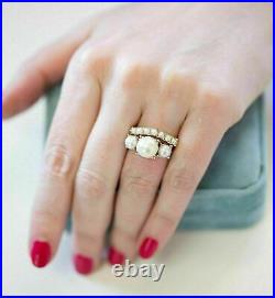 2.50Ct Round Cut Natural Pearl Engagement Bridal Set Ring 14K Yellow Gold Plated