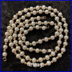 2 Pc Set 14k Yellow Gold Beads Natural Genuine White Pearls Necklace & Bracelet