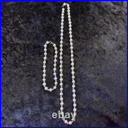 2 Pc Set 14k Yellow Gold Beads Natural Genuine White Pearls Necklace & Bracelet