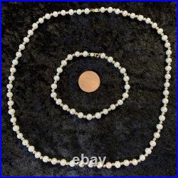 2 Pc Set 14k Yellow Gold Beads Natural Genuine White Pearls Necklace & Bracelet