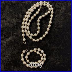 2 Pc Set 14k Yellow Gold Beads Natural Genuine White Pearls Necklace & Bracelet